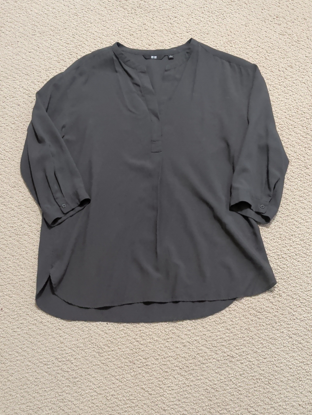 Worn UNIQLO Women Dark Olive Green Split-Neck Blouse